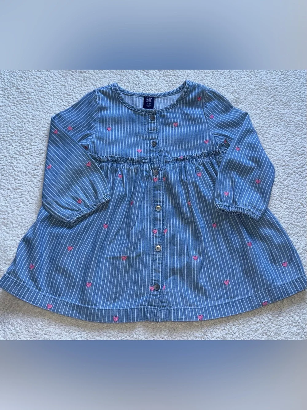 GAP Baby Denim Stripe Heart Embroidered Dress 18-24 Months
